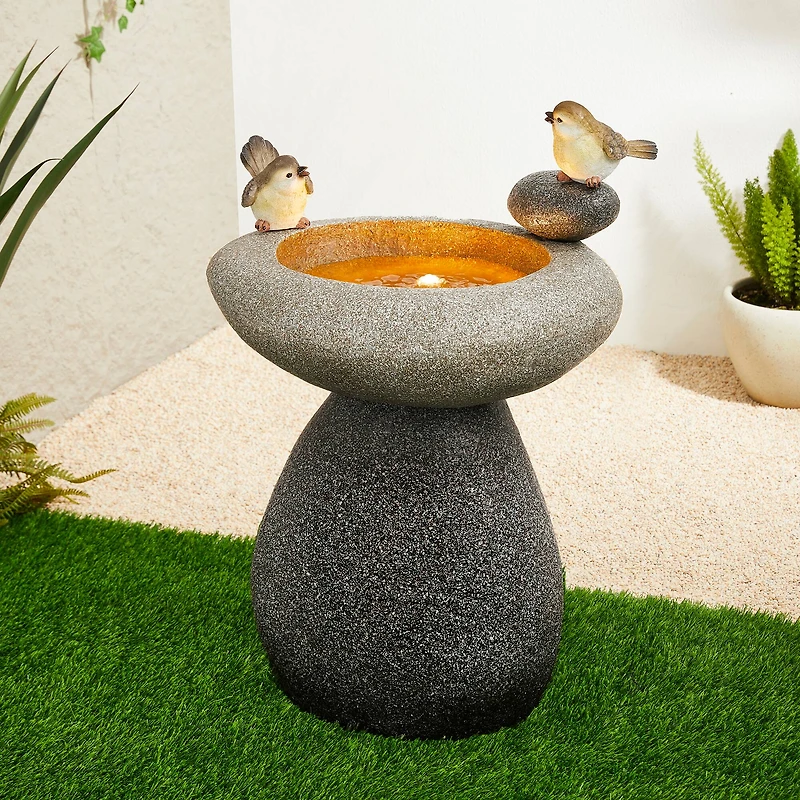 Glitzhome® 20.75" Zen-Style Faux Stone Texture Outdoor Birdbath Fountain with LED Light