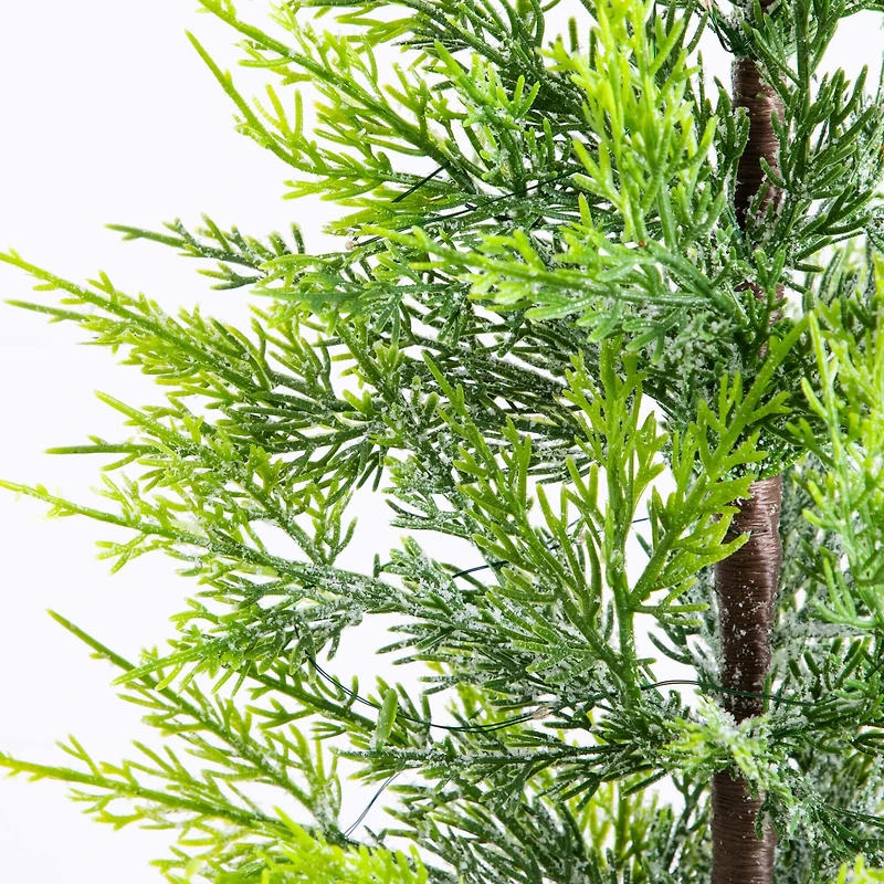 32in. Pre-Lit Artificial Lightly Snowed Cypress Christmas Tree with 30 Warm White LED Lights in Decorative Weaved Basket