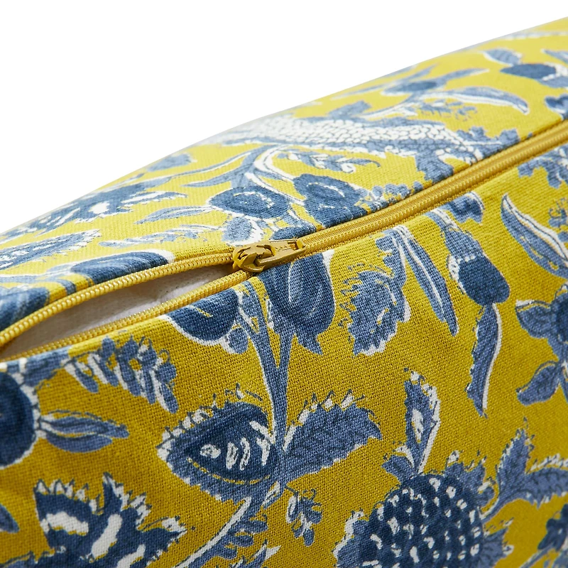 Hello Honey® Chartreuse & Blue Floral Pattern Cotton Pillow with Yarn-Wrapped Tassels