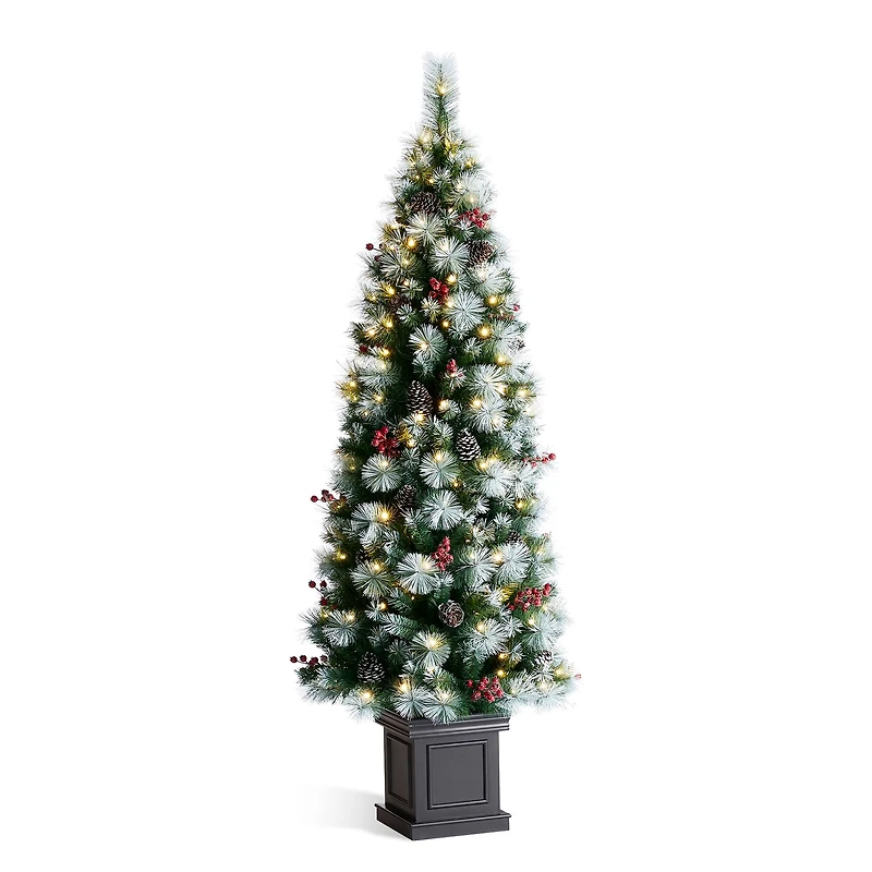 6ft. Pre-Lit Greenery Pinecones & Red Berries Artificial Christmas Porch Tree, Warm White LED Lights