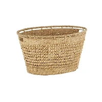 30" Brown Seagrass Handmade Woven Oval Storage Basket with Elevated Rim & Slot Handles