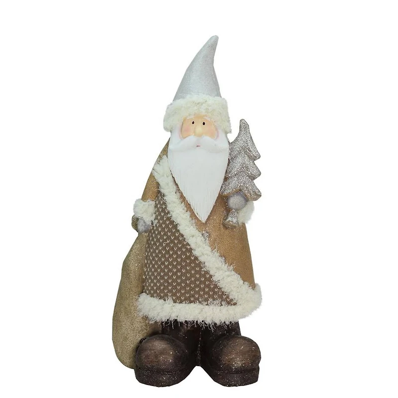 18.5" Brown & White Santa Holding Christmas Tree Tabletop Figurine
