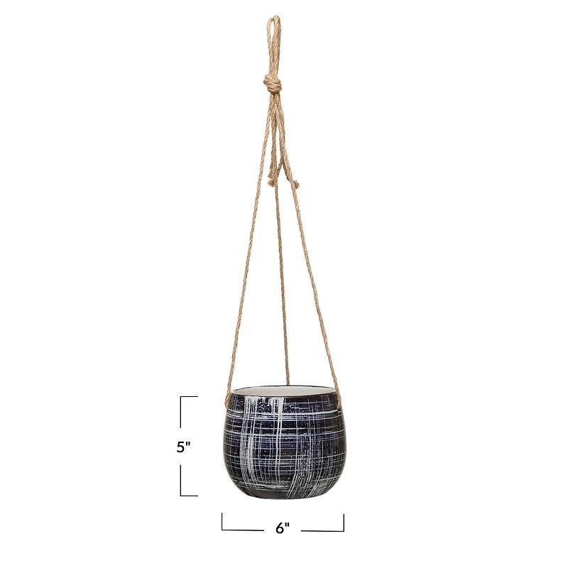 Hello Honey® 5" Blue Pattern Hanging Stoneware Planter with Jute Hanger
