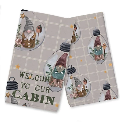 Welcome to our Cabin Gray and White Check Gnome Globe Pattern Tea Towel - Set of 2