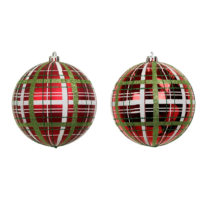 2 Pack 4.7" Red, Green & White Plaid Shatterproof Ball Ornaments by Ashland®