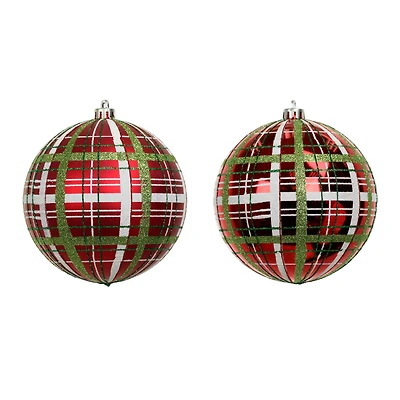 2 Pack 4.7" Red, Green & White Plaid Shatterproof Ball Ornaments by Ashland®