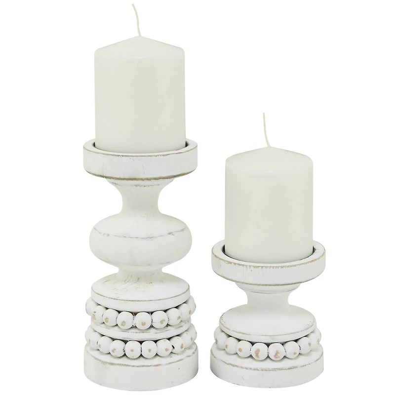 The Novogratz White Wood Beaded Pillar Candle Holder Set