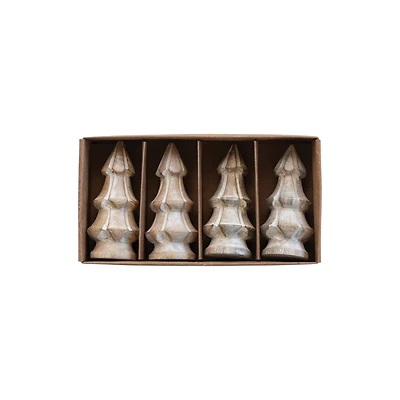 Hello Honey® 4.25" White Carved Mango Wood Christmas Trees, 4ct.