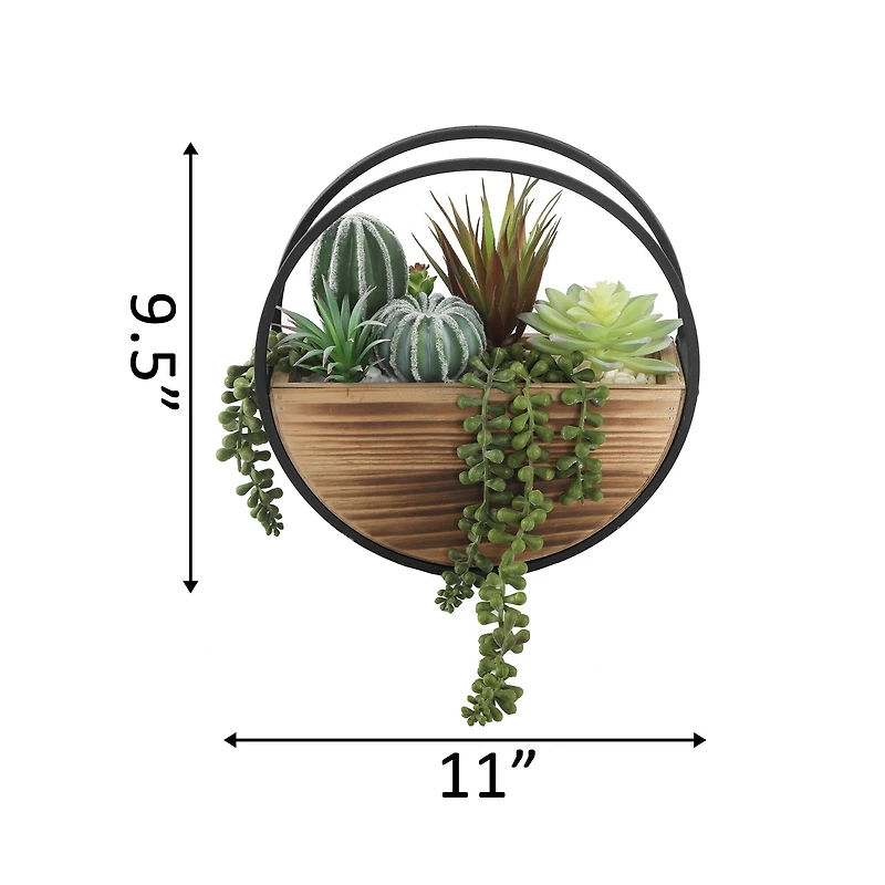 Flora Bunda® 11" Round Wood & Metal Wall Succulent Mix