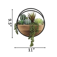 Flora Bunda® 11" Round Wood & Metal Wall Succulent Mix