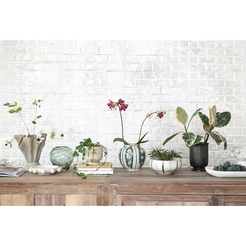 Hello Honey® 9" Cream & Green Reactive Glaze Striped Round Hand-Painted Stoneware Vase