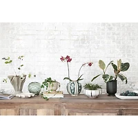 Hello Honey® 9" Cream & Green Reactive Glaze Striped Round Hand-Painted Stoneware Vase