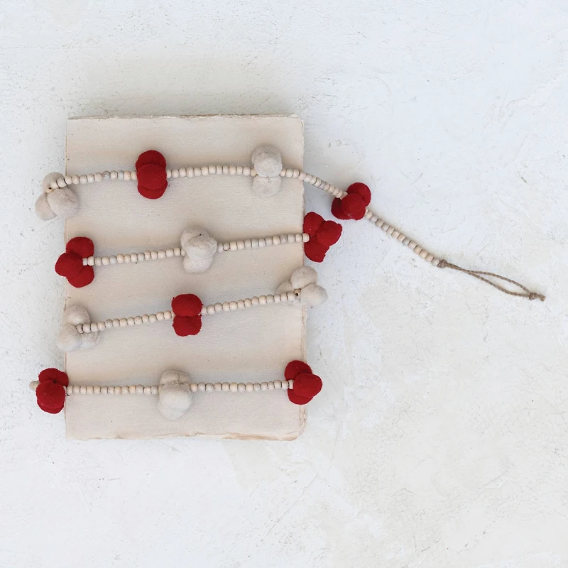 Hello Honey® 6ft. Cream & Red Pom Poms with Wood Beads Garland