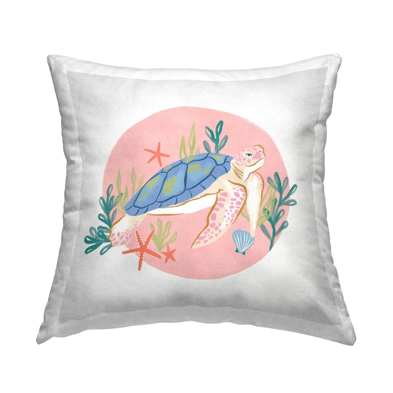 Stupell Industries Pink Swimming Sea Turtle Marine Ocean Botanicals Throw Pillow, 18" x 18"