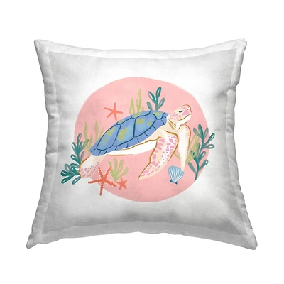 Stupell Industries Pink Swimming Sea Turtle Marine Ocean Botanicals Throw Pillow, 18" x 18"