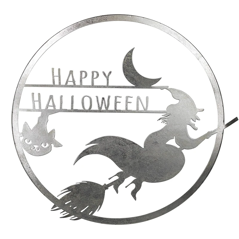 17" Silver Flying Witch Happy Halloween Wall Sign