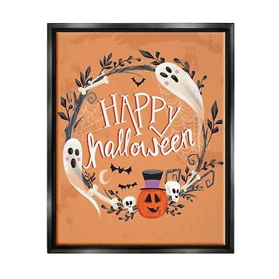 Stupell Industries Happy Haunts Halloween Wreath Framed Floater Canvas Wall Art