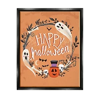 Stupell Industries Happy Haunts Halloween Wreath Framed Floater Canvas Wall Art