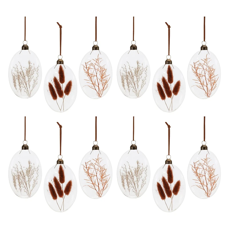 12 Pack 5.5" Warm Tone Dried Floral Glass Ornaments