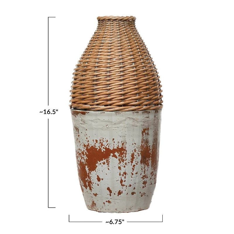 Hello Honey® 16.5" Distressed White Hand-Woven Rattan & Clay Vase