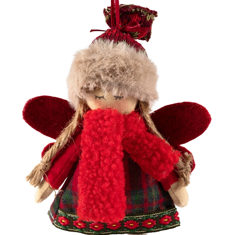 Plaid Angel Girl with Jute Pigtails  Christmas Ornament - 8.5" - Red and Beige