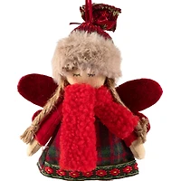 Plaid Angel Girl with Jute Pigtails  Christmas Ornament - 8.5" - Red and Beige