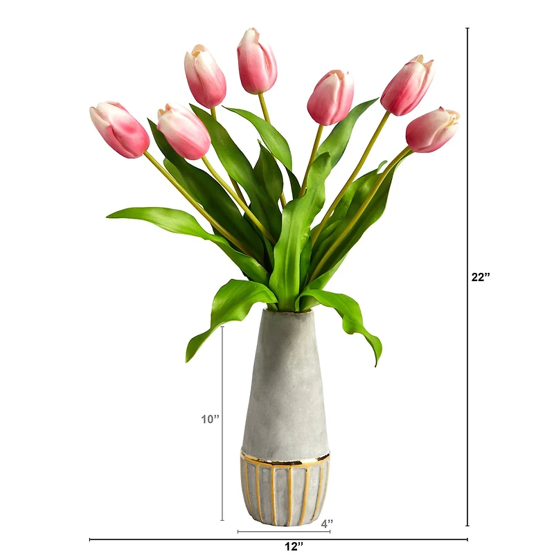 22" Mauve Dutch Tulip Arrangement in Gold Trim Stoneware Vase