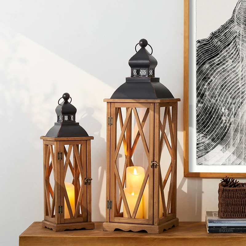 Glitzhome® Farmhouse Antique Diamond Wood & Metal Lanterns Set