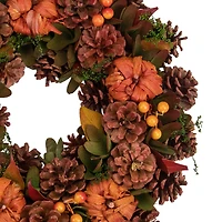 13.75" Brown & Orange Fall Wreath With Pumpkins & Pinecones