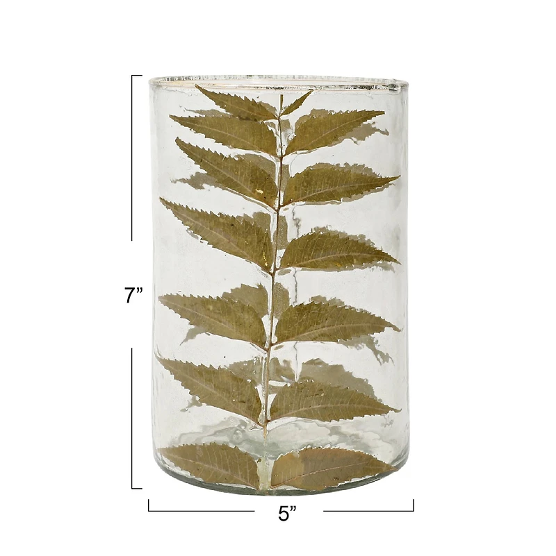 Hello Honey® 6.5" Embedded Neem Leaves & Foil Edge Handblown Glass Hurricane