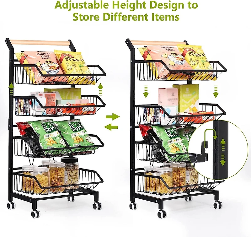 Black 4 Tier Fruit Vegetable Storage Basket Rolling Cart