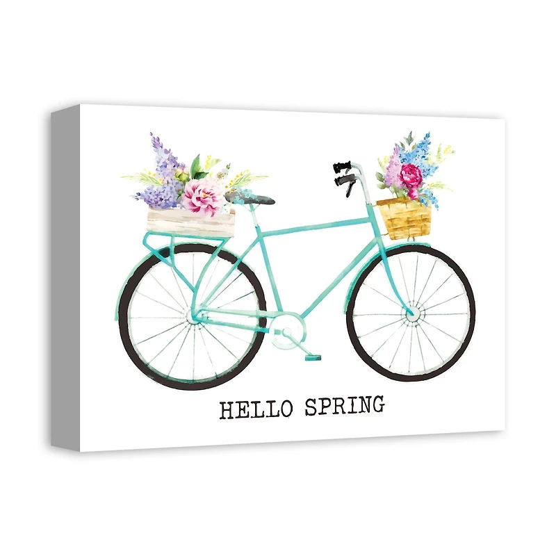 Hello Spring with Teal Bike Canvas Art