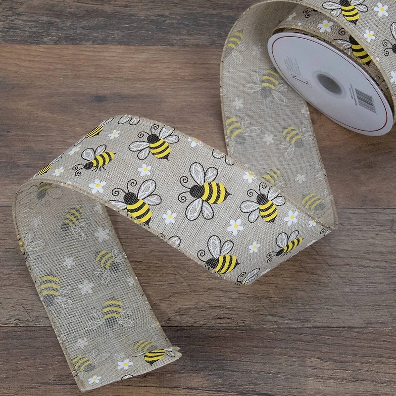 2.5" x 10yd. Burlap Bumblebee Design Wired Spring Craft Ribbon