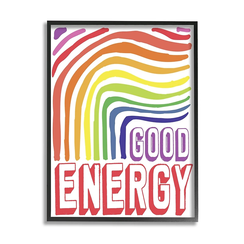 Stupell Industries Good Energy Phrase Abstract Rainbow Waves Bold Typography Framed Wall Art