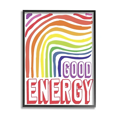 Stupell Industries Good Energy Phrase Abstract Rainbow Waves Bold Typography Framed Wall Art