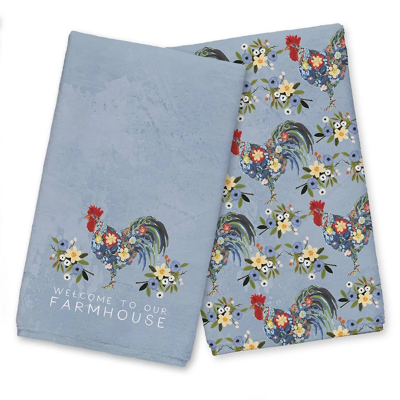 Floral Rooster Collage Blue 16" x 25" Towel Set