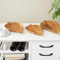Brown Teak Wood Leaf Handmade Carved Texture Tray Set