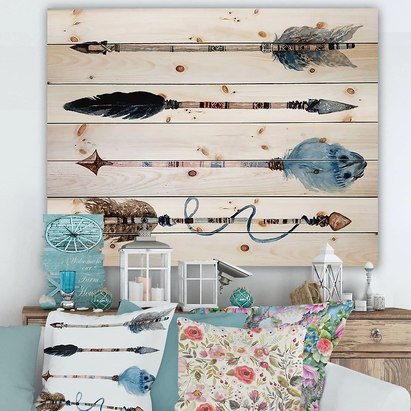 Designart - Ethnic Feathers and Flowers On Native Arrows IV - Bohemian & Eclectic Print on Natural Pine Wood