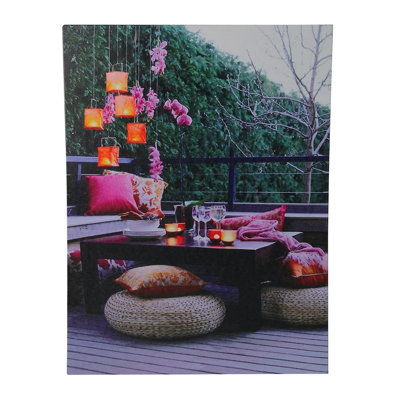15.7" Lighted LED Pink Orchid & Candle Lantern Patio Party Scene Canvas Wall Art 