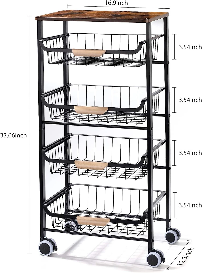 Black 5-Tier Metal Wire Basket Shelf Kitchen Storage Rolling Cart