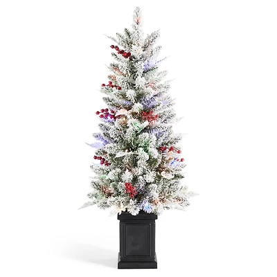 Glitzhome® 4ft Pre-Lit Flocked Artificial Christmas Porch Tree, Multi-color LED Lights