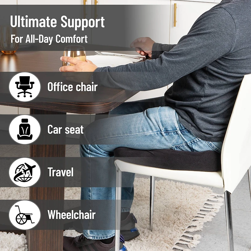 Mind Reader Air-Cloud Memory Foam Seat Cushion, Ergonomic Support for Lower Back, Coccyx, and Hip Pain Relief, Promotes Better Posture, Washable Cover, Black