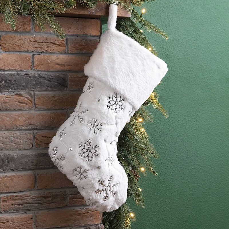 Glitzhome® 21" White Plush with Snowflake Christmas Stocking