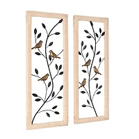 Black Metal Leaf Wall Décor with Cream Rattan Frame and Bronze Bird Accents, Set of 2