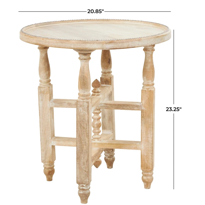 23" Cream Mango Wood Whitewashed Accent Table with Silver Beaded Rim and Turned Legs