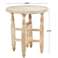 23" Cream Mango Wood Whitewashed Accent Table with Silver Beaded Rim and Turned Legs