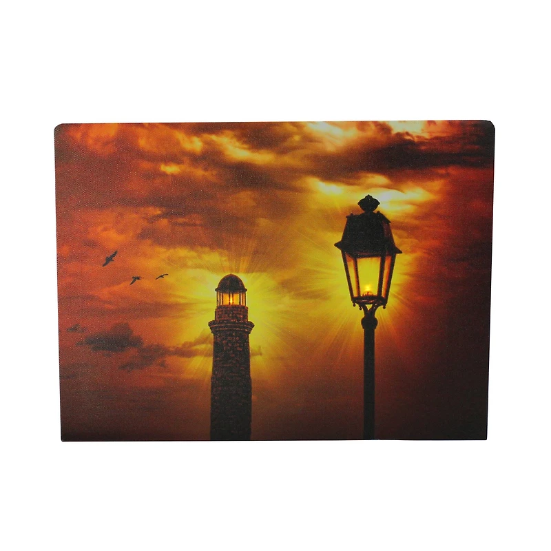 LED Lighthouse & Lamp Post with Amber Sky Canvas Wall Art