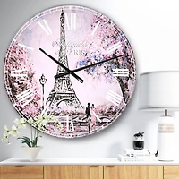 Designart 'Eiffel With Pink Flowers French Country Wall Clock