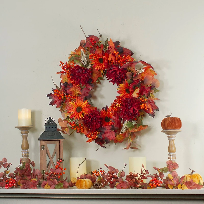 24" Leaves & Flowers Fall Harvest Wreath