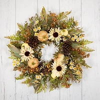28" White Sunflowers & Pumpkins Fall Harvest Wreath